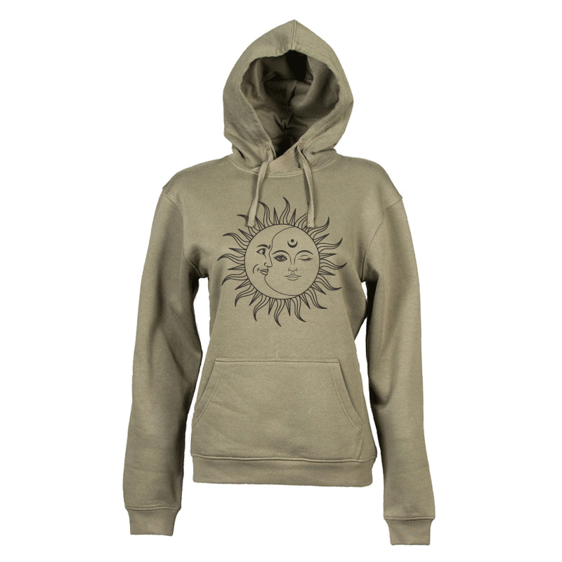Felpa donna personalizzata con cappuccio verde army con grafica sole e luna Creati Per Te JRC