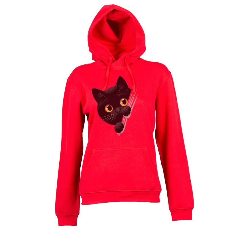 Felpa donna personalizzata con cappuccio rossa con grafica gattino Creati Per Te JRC