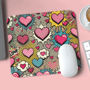 Tappetino Mouse Rettangolare TPM-0040 di misura 22x19 cm con illustrazione pop art stile fumetto con cuori, nuvolette e scritta LOVE