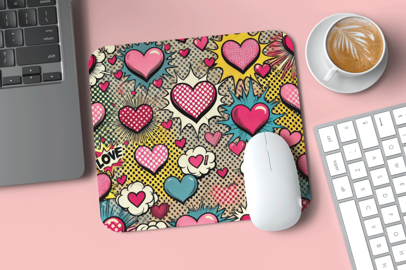 Tappetino Mouse Rettangolare TPM-0040 di misura 22x19 cm con illustrazione pop art stile fumetto con cuori, nuvolette e scritta LOVE