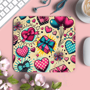 Tappetino Mouse Rettangolare TPM-0041 di misura 22x19 cm con illustrazione pop art di cuori a pois, pacchi regalo e palloncini rosa e azzurri su sfondo chiaro
