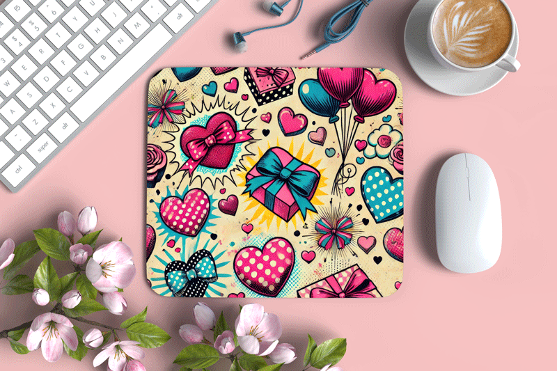 Tappetino Mouse Rettangolare TPM-0041 di misura 22x19 cm con illustrazione pop art di cuori a pois, pacchi regalo e palloncini rosa e azzurri su sfondo chiaro