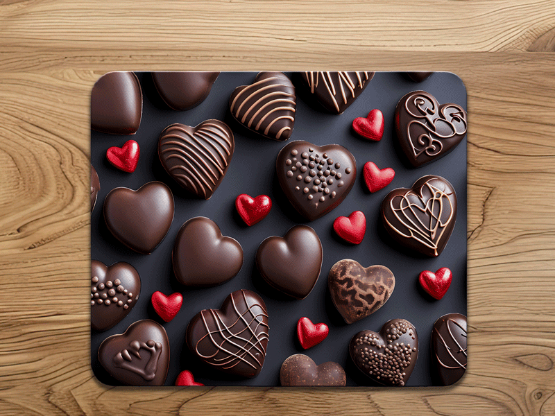 Tappetino Mouse Rettangolare TPM-0042 di misura 22x19 cm con illustrazione all over di cioccolatini assortiti a forma di cuore e cuoricini rossi su sfondo scuro