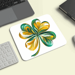Tappetino Mouse Rettangolare TPM-0043 di misura 22x19 cm con illustrazione di un quadrifoglio artistico verde e oro su sfondo bianco, affiancato da tastiera e mouse
