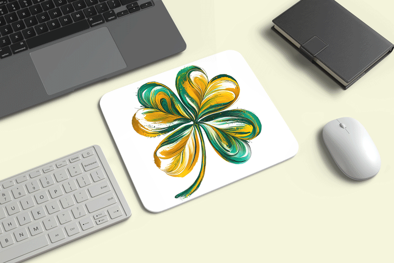 Tappetino Mouse Rettangolare TPM-0043 di misura 22x19 cm con illustrazione di un quadrifoglio artistico verde e oro su sfondo bianco, affiancato da tastiera e mouse