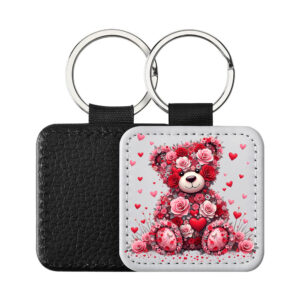 Portachiavi Quadrato CP-0001 in pelle PU con illustrazione di orsetto composto da rose rosse e rosa con cuoricini, retro nero in pelle e anello in acciaio