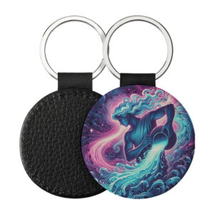 Portachiavi Rotondo CP-0010 in pelle PU con grafica astrologica del segno dell'Acquario galattico nei toni del turchese e magenta, retro nero in pelle e anello in acciaio
