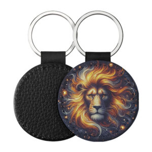 Portachiavi Rotondo CP-0011 in pelle PU con grafica astrologica del segno del Leone galattico con criniera fiammeggiante, retro nero in pelle e anello in acciaio