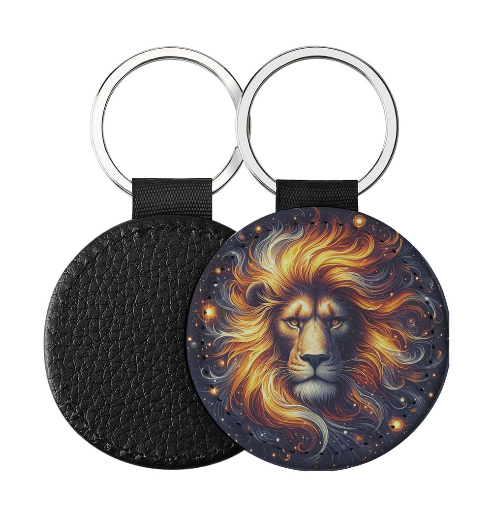 Portachiavi Rotondo CP-0011 in pelle PU con grafica astrologica del segno del Leone galattico con criniera fiammeggiante, retro nero in pelle e anello in acciaio