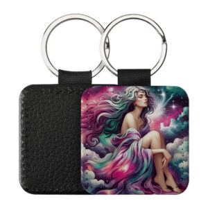 Portachiavi Quadrato CP-0012 in pelle PU con grafica astrologica del segno della Vergine galattica nei toni del viola e turchese, retro nero in pelle e anello in acciaio