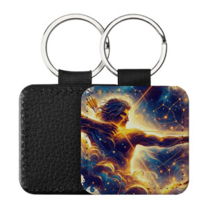 Portachiavi Quadrato CP-0013 in pelle PU con grafica astrologica del segno del Sagittario galattico nei toni dell'oro e del blu, retro nero in pelle e anello in acciaio