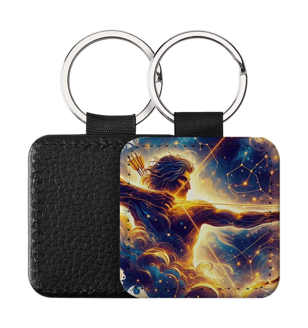 Portachiavi Quadrato CP-0013 in pelle PU con grafica astrologica del segno del Sagittario galattico nei toni dell'oro e del blu, retro nero in pelle e anello in acciaio
