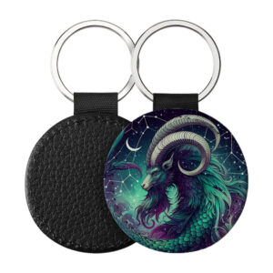 Portachiavi Rotondo CP-0014 in pelle PU con grafica astrologica del segno del Capricorno galattico nei toni dello smeraldo e viola, retro nero in pelle e anello in acciaio