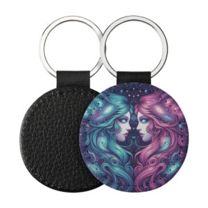 Portachiavi Rotondo CP-0015 in pelle PU con grafica astrologica del segno dei Gemelli galattico nei toni del turchese e viola, retro nero in pelle e anello in acciaio