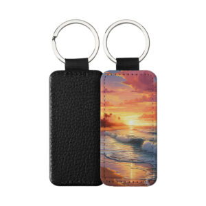 Portachiavi Rettangolare CP-0016 in pelle PU con grafica di un tramonto tropicale sul mare con onde e palme, retro nero in pelle e anello in acciaio