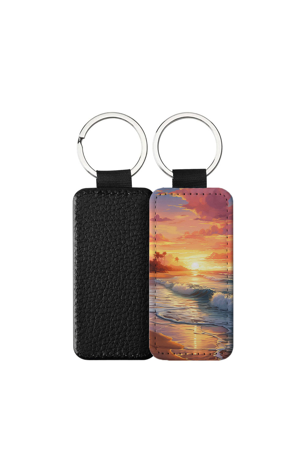 Portachiavi Rettangolare CP-0016 in pelle PU con grafica di un tramonto tropicale sul mare con onde e palme, retro nero in pelle e anello in acciaio