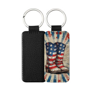 Portachiavi Rettangolare CP-0017 in pelle PU con grafica stivali da cowboy con bandiera americana su fondo vintage, retro nero in pelle e anello in acciaio