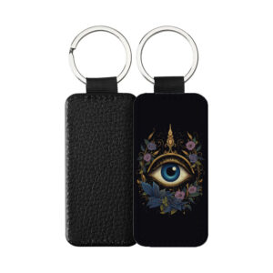 Portachiavi Rettangolare CP-0018 in pelle PU con grafica mistica ad occhio dorato e fiori viola su fondo nero, retro nero in pelle e anello in acciaio