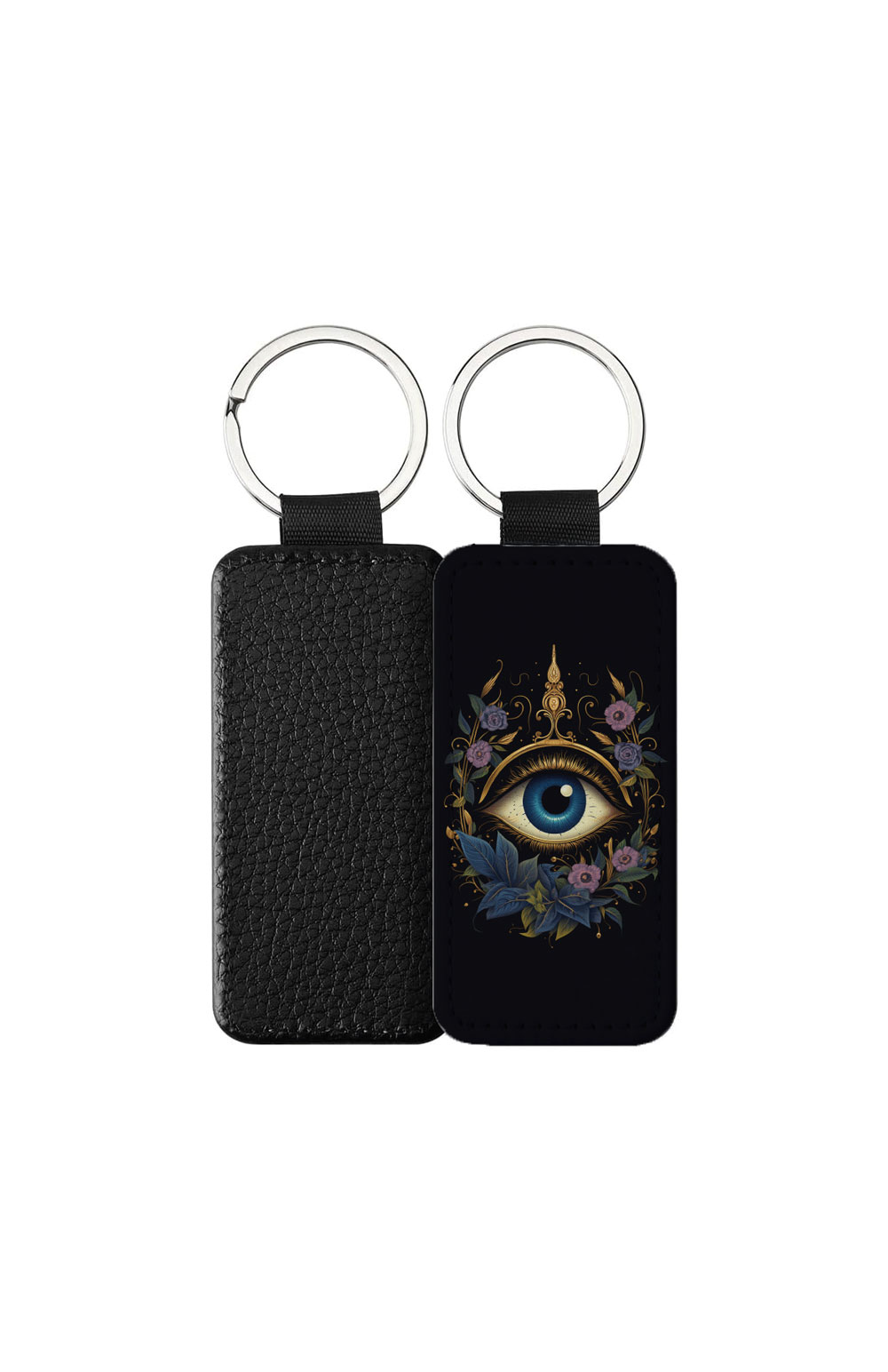 Portachiavi Rettangolare CP-0018 in pelle PU con grafica mistica ad occhio dorato e fiori viola su fondo nero, retro nero in pelle e anello in acciaio