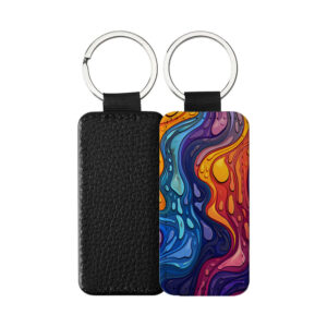 Portachiavi Rettangolare CP-0019 in pelle PU con grafica ad effetto liquido psichedelico nei toni del blu, arancione e viola, retro nero in pelle e anello in acciaio