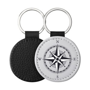 Portachiavi Rotondo CP-0002 in pelle PU con illustrazione di una rosa dei venti in bianco e nero con punti cardinali, retro nero in pelle e anello in acciaio