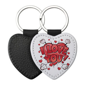 Portachiavi a forma di Cuore CP-0020 in pelle PU con grafica pop art a fumetto e scritta I Love You con cuoricini, retro nero in pelle e anello in acciaio
