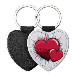 Portachiavi a forma di Cuore CP-0021 in pelle PU con grafica pop art a fumetto con due cuori rossi ed esplosione di raggi azzurri, retro nero in pelle e anello in acciaio