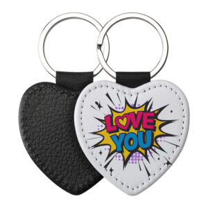 Portachiavi a forma di Cuore CP-0022 in pelle PU con grafica pop art a fumetto e scritta Love You, retro nero in pelle e anello in acciaio