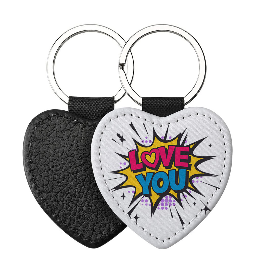 Portachiavi a forma di Cuore CP-0022 in pelle PU con grafica pop art a fumetto e scritta Love You, retro nero in pelle e anello in acciaio