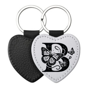 Portachiavi a forma di Cuore CP-0023 in pelle PU con grafica in bianco e nero con lettera iniziale B e farfalle, retro nero in pelle e anello in acciaio