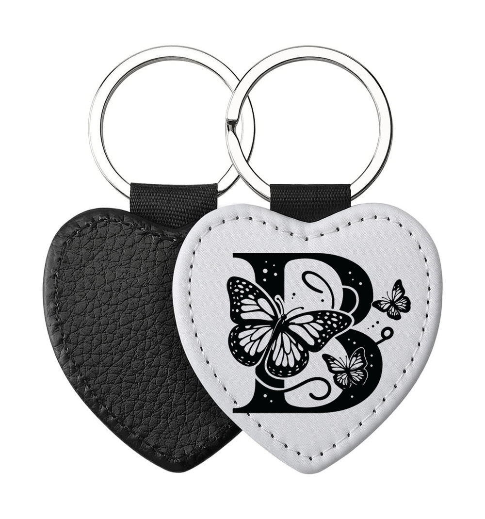 Portachiavi a forma di Cuore CP-0023 in pelle PU con grafica in bianco e nero con lettera iniziale B e farfalle, retro nero in pelle e anello in acciaio