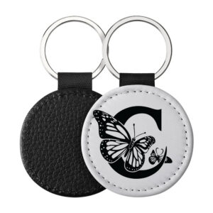 Portachiavi Rotondo CP-0024 in pelle PU con grafica in bianco e nero con lettera iniziale C e farfalle, retro nero in pelle e anello in acciaio