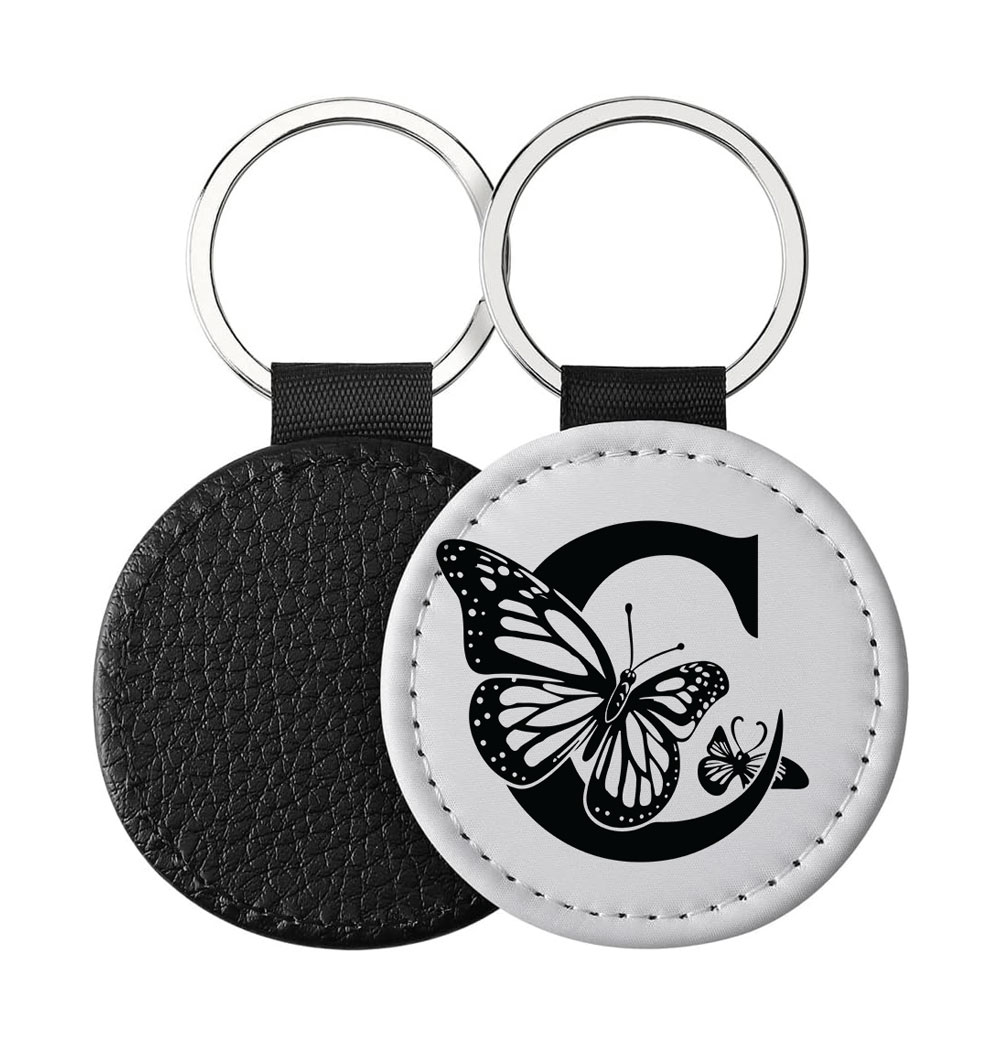 Portachiavi Rotondo CP-0024 in pelle PU con grafica in bianco e nero con lettera iniziale C e farfalle, retro nero in pelle e anello in acciaio