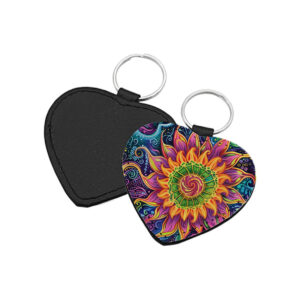 Portachiavi a forma di Cuore CP-0026 in pelle PU con grafica a fiore e sole psichedelico mandala nei toni del giallo, viola e blu, retro nero in pelle e anello in acciaio