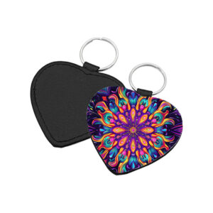 Portachiavi a forma di Cuore CP-0027 in pelle PU con grafica mandala e rosetta multicolore su fondo viola scuro, retro nero in pelle e anello in acciaio