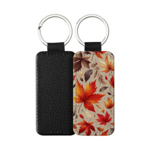 Portachiavi Rettangolare CP-0029 in pelle PU con grafica a foglie d'acero autunnali rosse, arancioni e marroni su fondo beige, retro nero in pelle e anello in acciaio