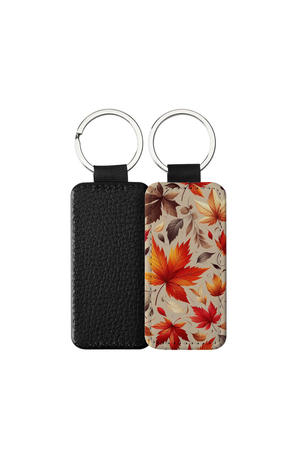 Portachiavi Rettangolare CP-0029 in pelle PU con grafica a foglie d'acero autunnali rosse, arancioni e marroni su fondo beige, retro nero in pelle e anello in acciaio