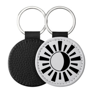 Portachiavi Rotondo CP-0003 in pelle PU con grafica stilizzata in bianco e nero di sole e luna, retro nero in pelle e anello in acciaio