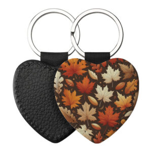 Portachiavi a forma di Cuore CP-0030 in pelle PU con grafica a foglie autunnali d'acero e quercia arancioni e beige su fondo marrone, retro nero in pelle e anello in acciaio