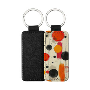 Portachiavi Rettangolare CP-0031 in pelle PU con grafica astratta a cerchi rossi, arancioni e neri con pennellate verticali, retro nero in pelle e anello in acciaio