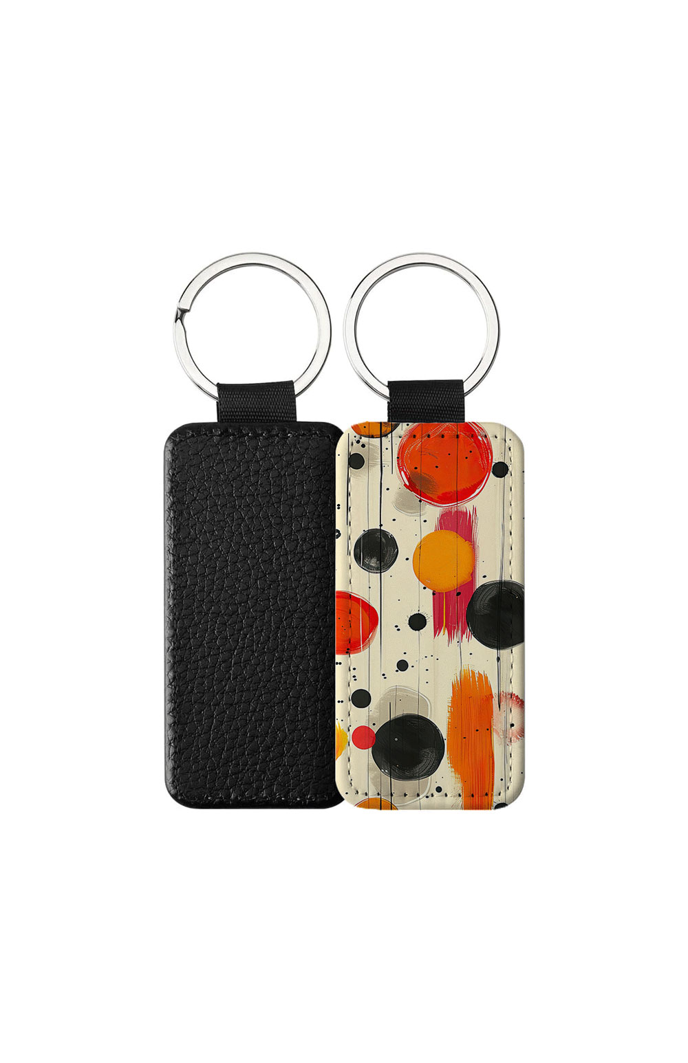 Portachiavi Rettangolare CP-0031 in pelle PU con grafica astratta a cerchi rossi, arancioni e neri con pennellate verticali, retro nero in pelle e anello in acciaio