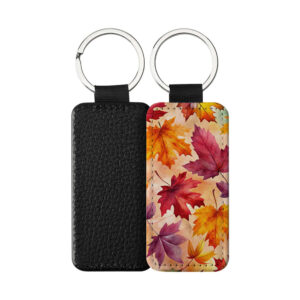 Portachiavi Rettangolare CP-0032 in pelle PU con grafica a foglie d'acero autunnali rosse, arancioni e viola, retro nero in pelle e anello in acciaio
