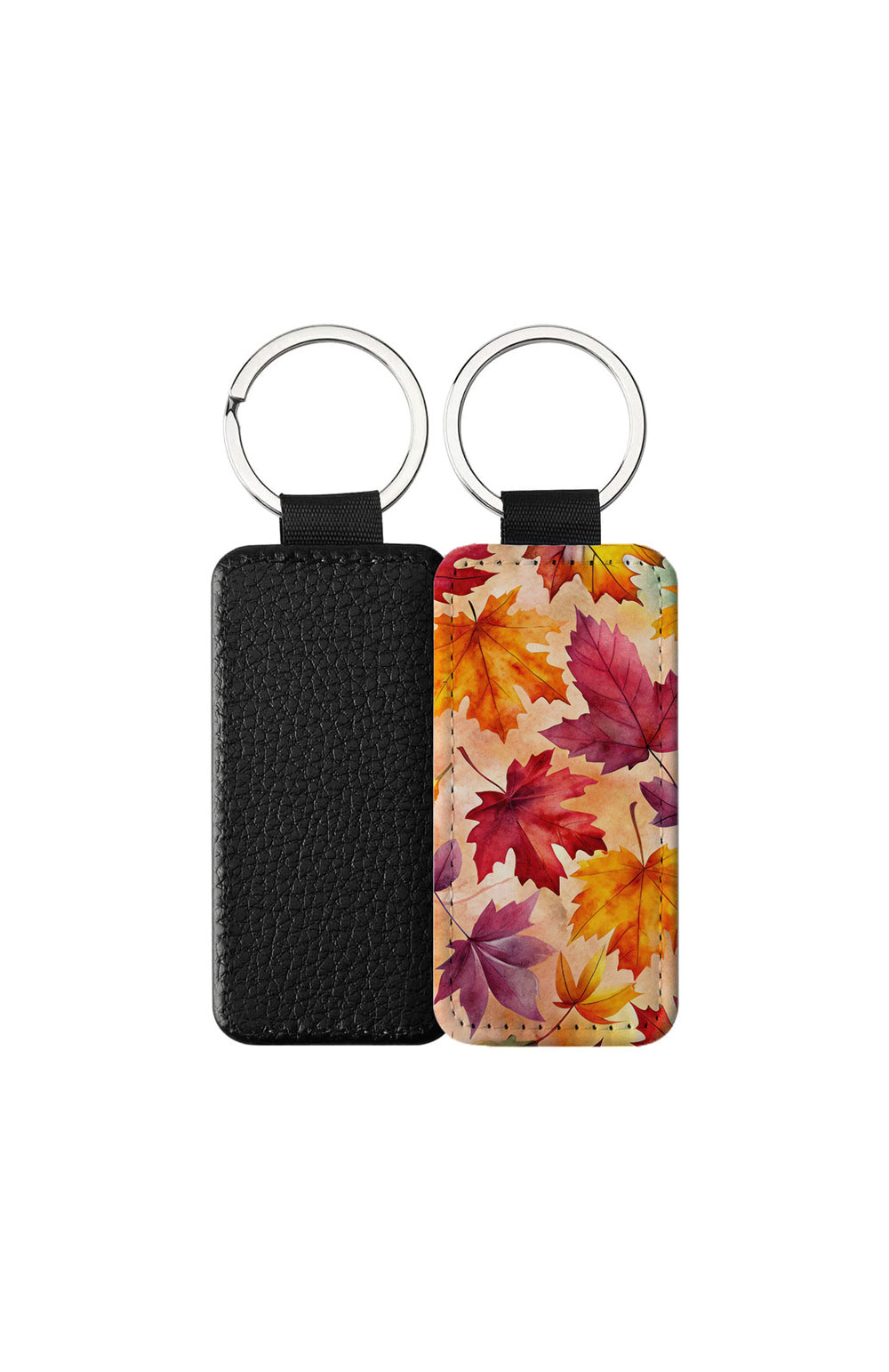 Portachiavi Rettangolare CP-0032 in pelle PU con grafica a foglie d'acero autunnali rosse, arancioni e viola, retro nero in pelle e anello in acciaio