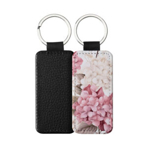 Portachiavi rettangolare CP-0033 in pelle PU con grafica floreale a fiori di ortensia rosa e panna, retro nero in pelle e anello in acciaio