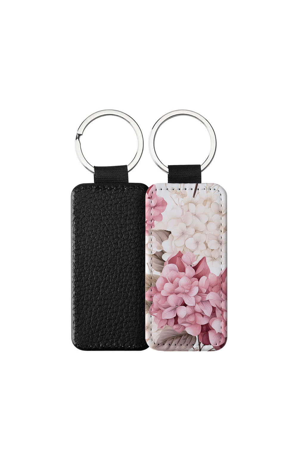 Portachiavi rettangolare CP-0033 in pelle PU con grafica floreale a fiori di ortensia rosa e panna, retro nero in pelle e anello in acciaio