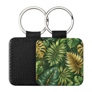 Portachiavi Quadrato CP-0035 in pelle PU con grafica tropicale a foglie di monstera e palma verde smeraldo e oro, retro nero in pelle e anello in acciaio