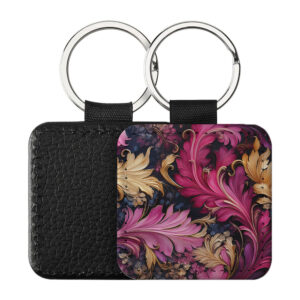Portachiavi Quadrato CP-0036 in pelle PU con grafica barocca a volute di foglie d'acanto fucsia magenta e oro su fondo scuro, retro nero in pelle e anello in acciaio