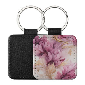 Portachiavi Quadrato CP-0037 in pelle PU con grafica floreale artistica rosa malva, sfondo crema e dettagli fogliati dorati, retro nero in pelle e anello in acciaio
