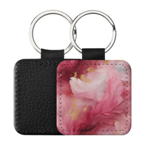 Portachiavi Quadrato CP-0038 in pelle PU con grafica astratta a volute fluide rosa cipria, magenta e dettagli dorati, retro nero in pelle e anello in acciaio