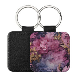 Portachiavi Quadrato CP-0039 in pelle PU con grafica floreale artistica rosa magenta, sfumature lilla e fogliame dorato, retro nero in pelle e anello in acciaio